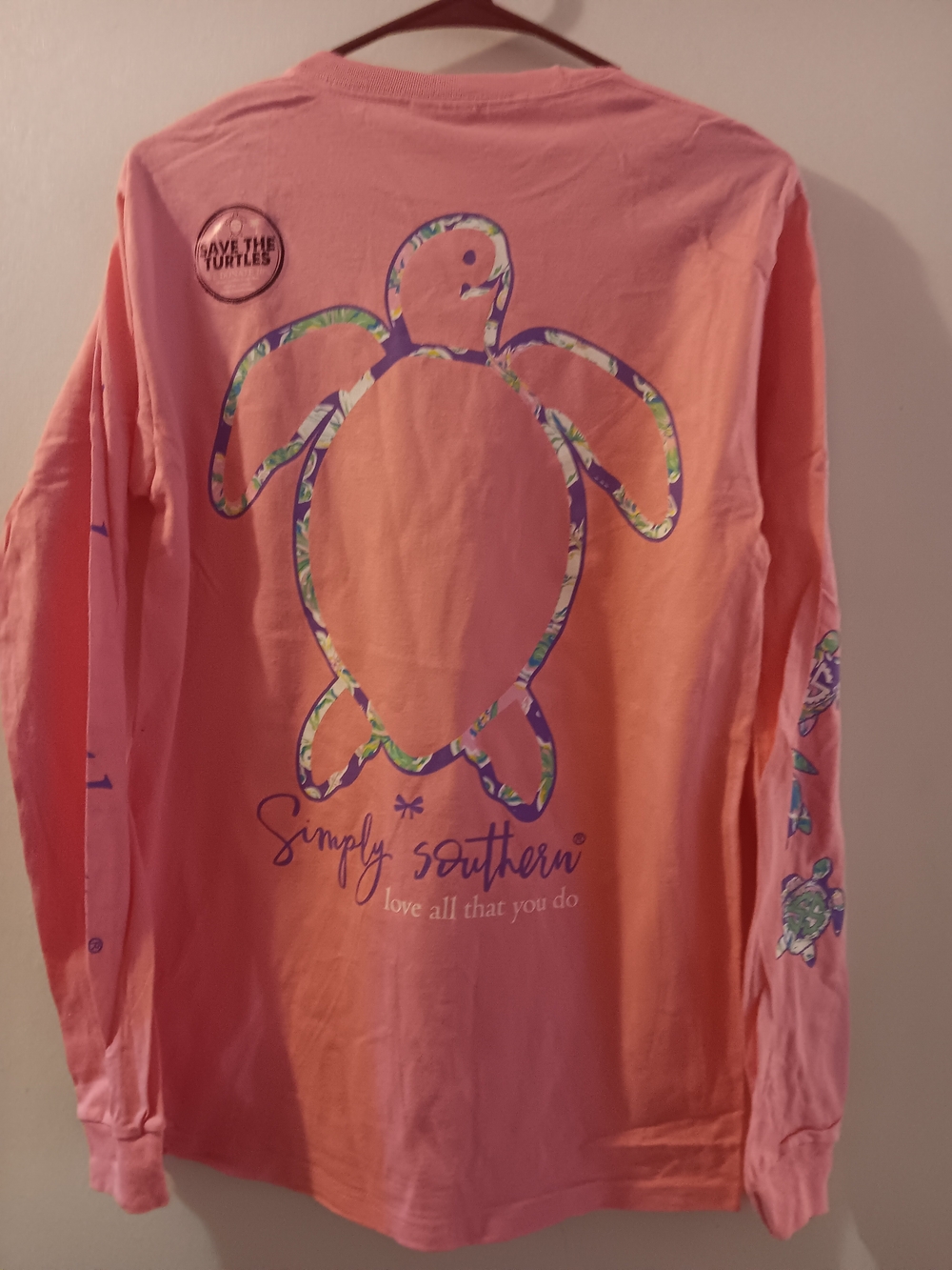 New With Tags Simply Southern Coral Pink Long-Sleeve Tee Save The Sea Turtle